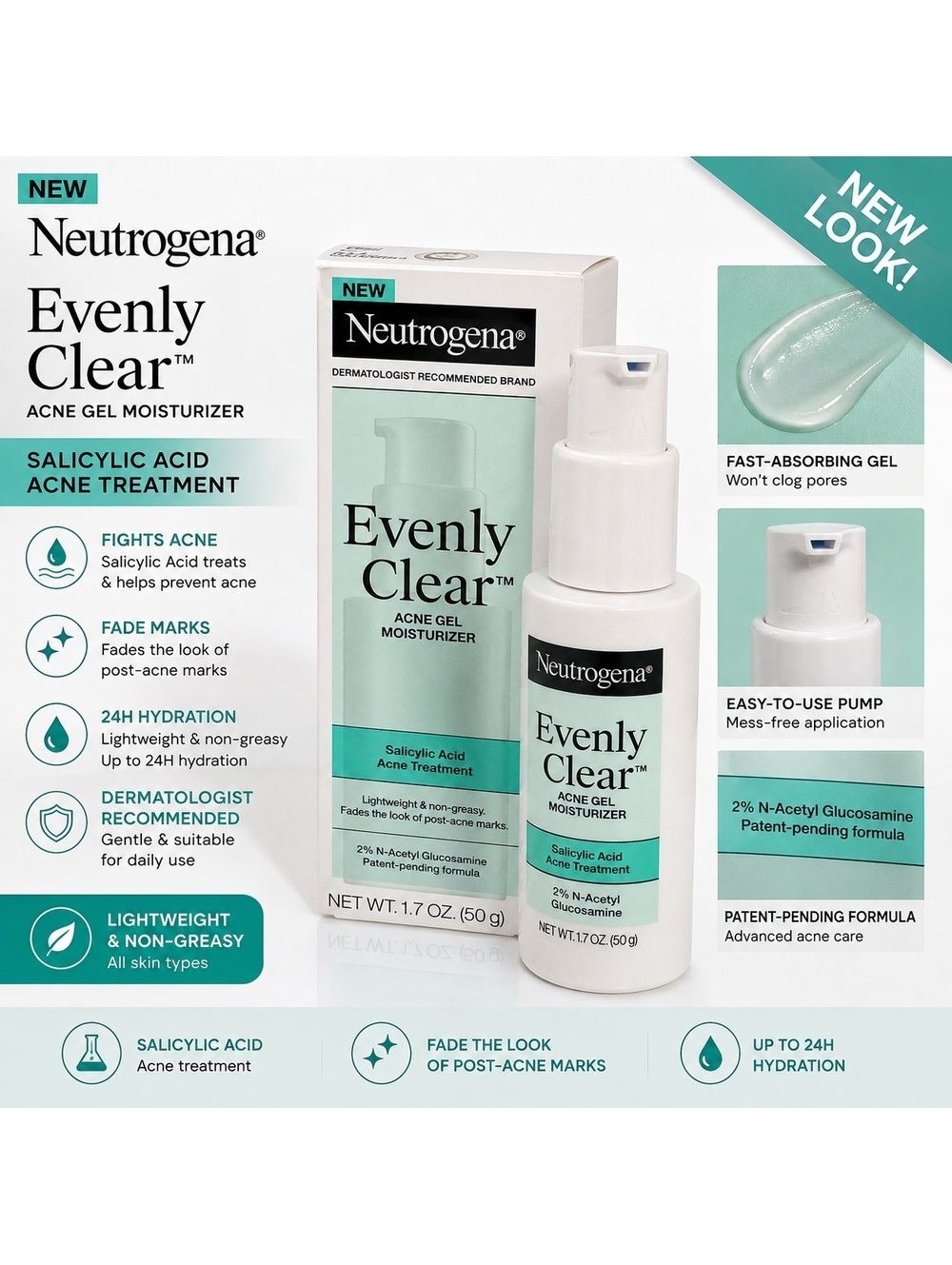 Neutrogena Evenly Clear Acne Gel Moisturizer with Salicylic Acid 1.7 oz